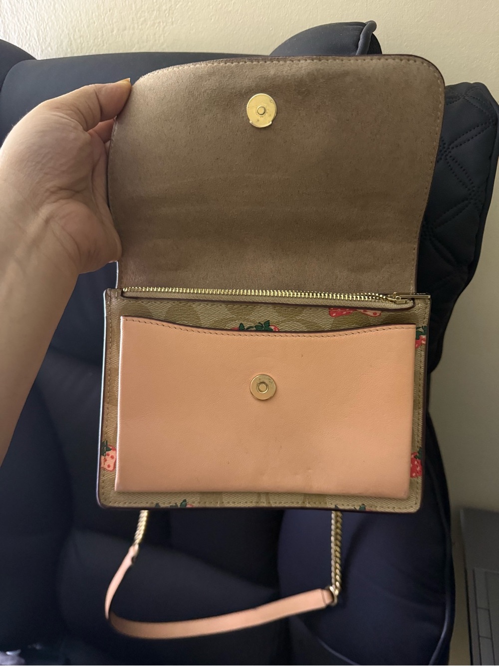 Coach Beige Signature Strawberry Print Chain Crossbody with Pink Accents - Picture 2 of 5
